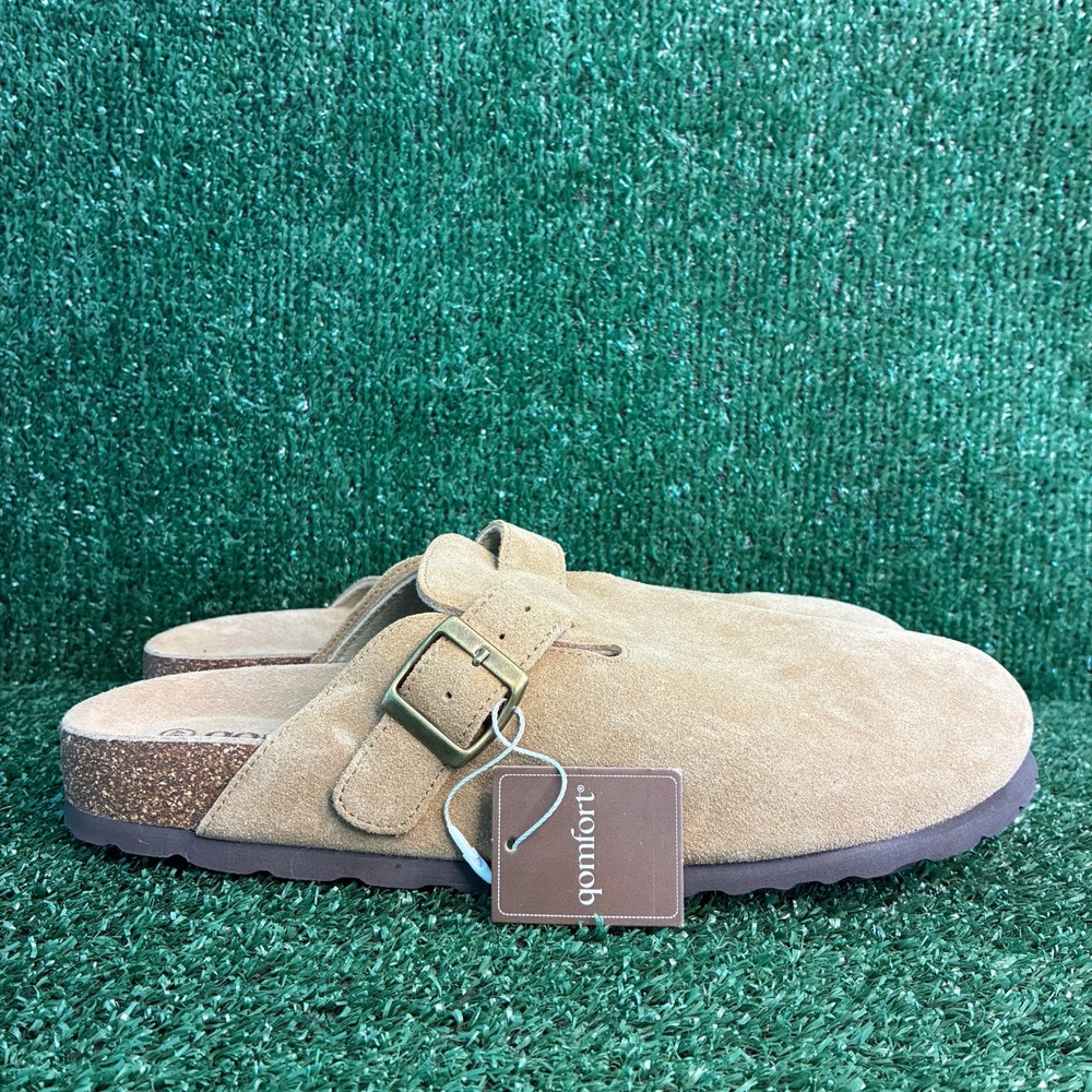 NEW Qomfort Suede Buckle Strap Cork Footbed Slip On Clogs Mules Tan Mens Size 13